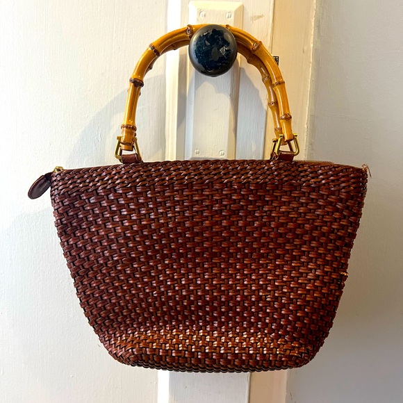 Vintage Handbags - Vintage Woven Leather Bamboo Handbag Leather